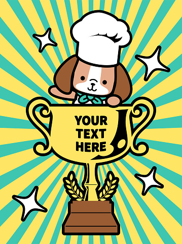 A cute dog chef wearing a chef's hat is popping out of a big trophy and saying hello