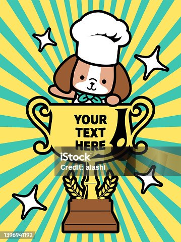 istock A cute dog chef wearing a chef's hat is popping out of a big trophy and saying hello 1396941192