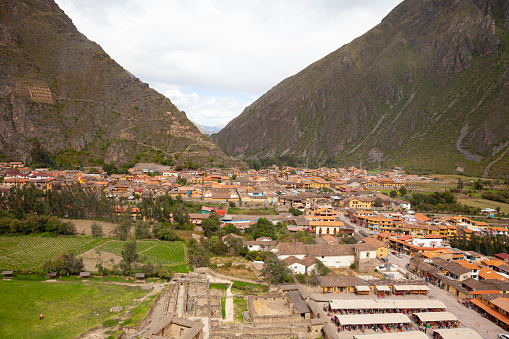 Inca ruins in  Ollantaytambo, a village in the Sacred Valley, Peru, known for its Inca ruins.