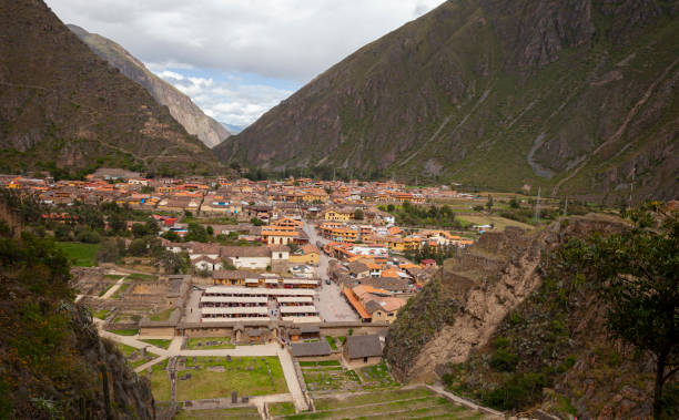 Inca ruins in  Ollantaytambo, a village in the Sacred Valley, Peru, known for its Inca ruins.