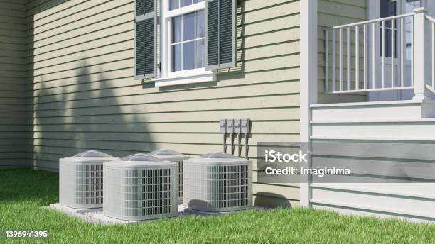 Hvac Heating And Air Conditioning Outdoor Units Stock Photo - Download Image Now - Air Conditioner, Air Duct, Domestic Life