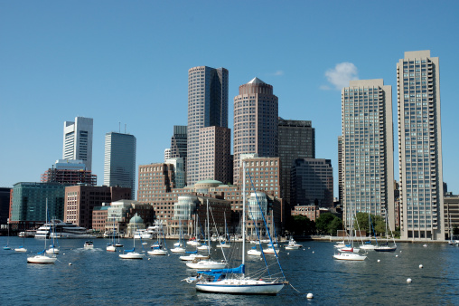 Boston skylines and sailboats on St Charles river, Boston Mass