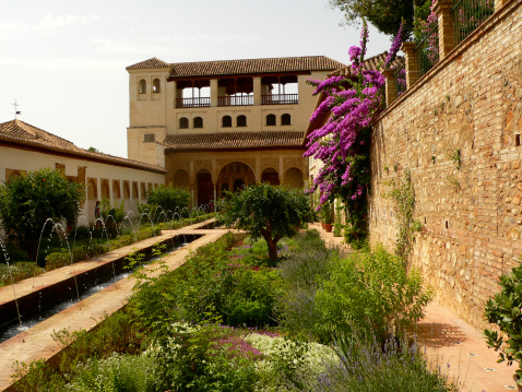 Garden in Alhambra, Granada, Andalousia, Spain, Europe.