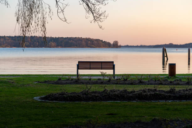 istock Empty Park Bench in Front of a Calm Lake 1396943364