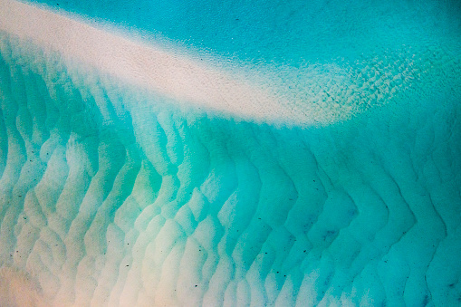 Close up pattern of crystal clear water over white sand beach