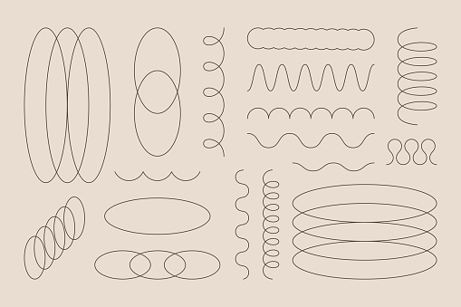Minimalist Geometric Thin Lines Set. Vector Collection Abstract Shapes Different Forms Spiral, Zigzag, Spring Coil, Wave, Triangle for web design, social media post and stories