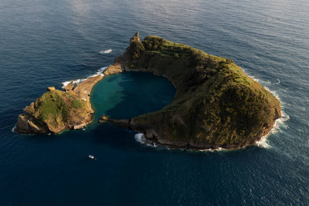 Island with blue lagoon Vila Franca stock photo