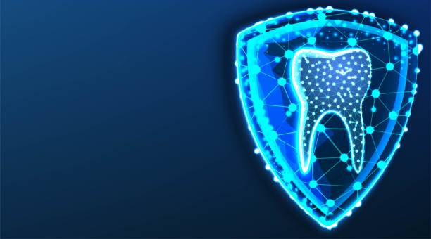 istock teeth,tooth and shield. Dental Protection. Dental care. Abstract Low Poly wireframe mesh design. From connecting dot and line. Shine Lines. Vector Illustration on dark blue background 1396946235