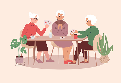 Cheerful elderly women have playing card board games. People of age retirement fun spend time together. Evening active gatherings of friends. Flat vector illustration on a beige background