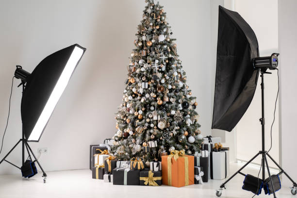 istock Christmas tree in white interior photo studio with stylish black and orange gift box standing like model with flash light 1396947094