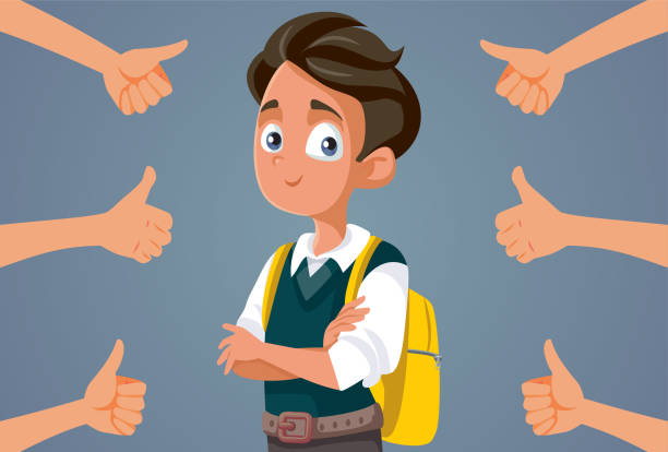 ilustrações, clipart, desenhos animados e ícones de polegares para cima para smart bright masculino estudante vetor desenho animado - male education college student nerd