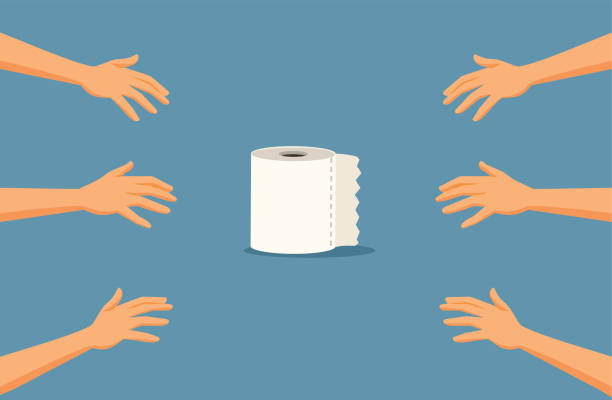 illustrazioni stock, clip art, cartoni animati e icone di tendenza di mani che raggiungono la carta igienica panico acquisto concetto illustrazione - scarcity