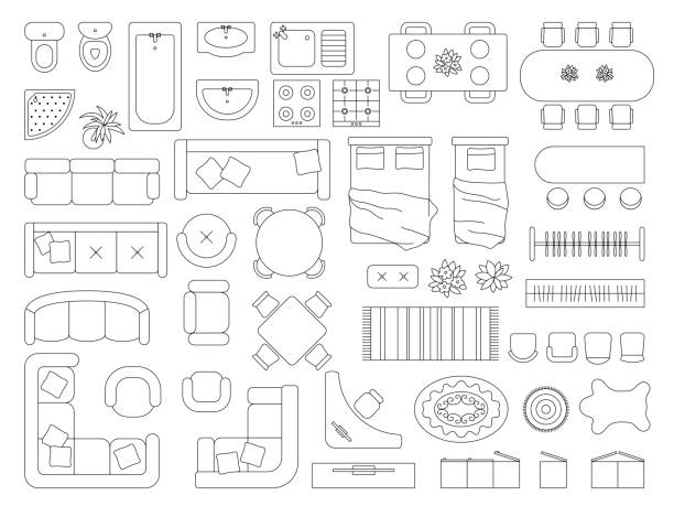 Furniture top view. Planning decoration schemes for modern interiors inside rooms drawing furniture recent vector outline appartment tools Furniture top view. Planning decoration schemes for modern interiors inside rooms drawing furniture recent vector outline appartment tools. Illustration of furniture for apartment plan and interior bathroom patterns stock illustrations