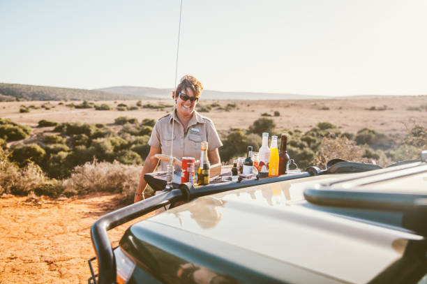 Professional guide navigates safari vehicle across Kenya's dramatic landscape, featuring isolated palm tree against mountainous backdrop during golden hour.