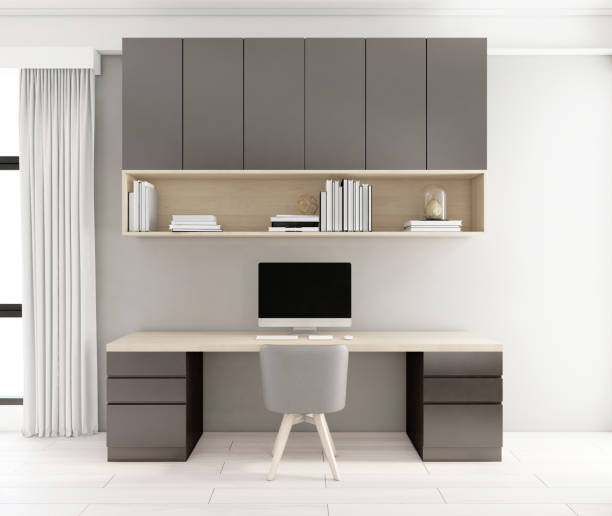 istock Minimalist desk with built-in cabinet 1396957599