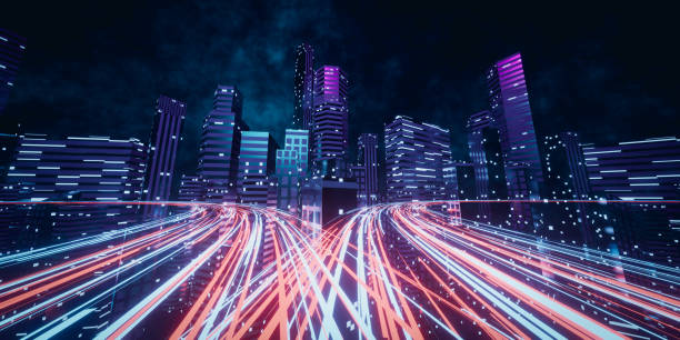 istock 3d rendering cityscape with red and light blue light trail. 1396959415