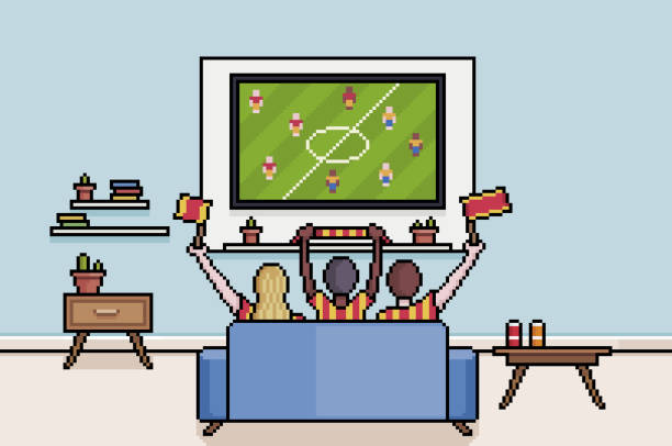 Pixel art people and fans watching football on the living room TV Pixel art people and fans watching football on the living room TV. 8bit background of people watching soccer world cup men watching soccer game stock illustrations