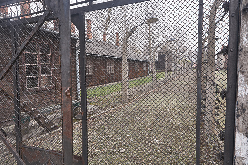 Oswiecim, Poland - March 31, 2014 : View of electric fence with barbed wire in front of buildings in the former Nazi concentration camp Auschwitz-Birkenau