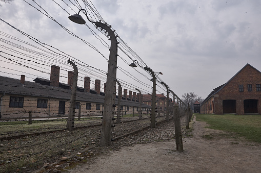 Oswiecim, Poland - March 31, 2014 : View of electric fence with barbed wire in front of buildings in the former Nazi concentration camp Auschwitz-Birkenau