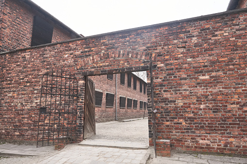 Oswiecim, Poland - March 31, 2014 : View of exterior building in the former Nazi concentration camp Auschwitz-Birkenau