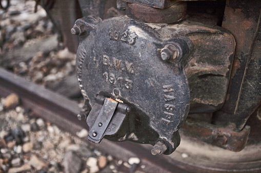 Oswiecim, Poland - March 31, 2014 :  View of A train wheel at Auschwitz-Birkenau Nazi Concentration Camp