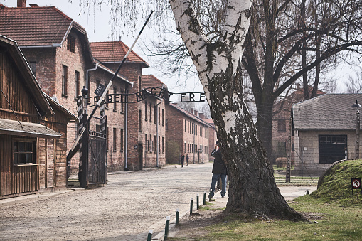 Oswiecim, Poland - March 31, 2014 : View of the entrance to the former Nazi concentration camp Auschwitz-Birkenau
