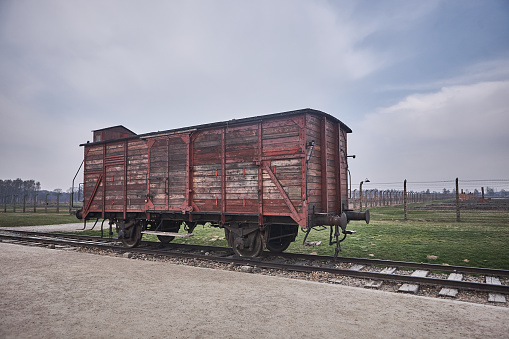 Oswiecim, Poland - March 31, 2014 :  View of Train of Remembrance at Auschwitz-Birkenau Nazi Concentration Camp