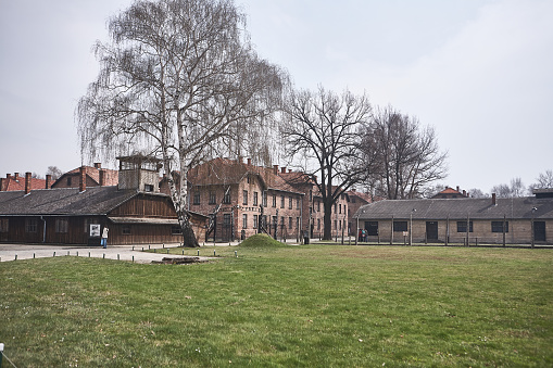 Oswiecim, Poland - March 31, 2014 : View of the entrance to the former Nazi concentration camp Auschwitz-Birkenau