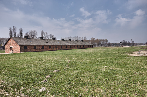 Oswiecim, Poland - March 31, 2014 : View of exterior building of prisoner barracks in the former Nazi concentration camp Auschwitz-Birkenau