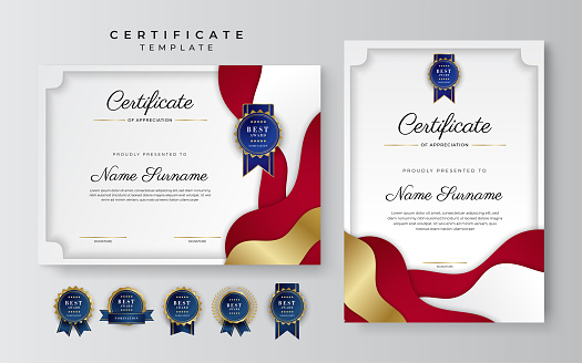 Red and gold certificate of achievement border template with luxury badge and modern line pattern. For award, business, and education needs