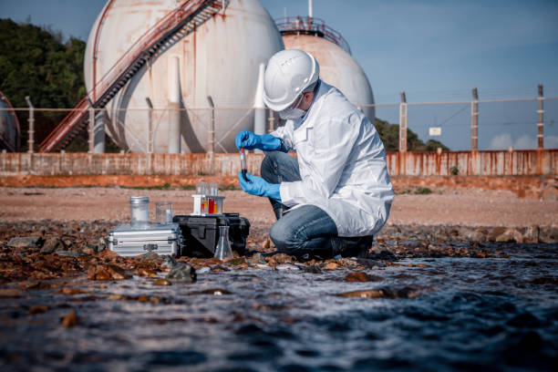 作業水分析と水質の下で安全制服と手袋を着用した科学者は、実験室でケースをチェックするために排水を得ることによって、環境汚染問題の概念です。 - environmental assessment ストックフォトと画像