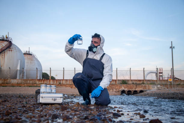 istock Scientist wearing safety uniform and glove under working water analysis and water quality by get waste water to check case in laboratory is environment pollution problem concept. 1396965571