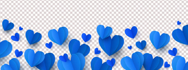 stockillustraties, clipart, cartoons en iconen met happy father's day love background with long horizontal border made of beautiful falling blue colored paper hearts isolated on background. happy fathers day or valentines vector illustration - fathers day