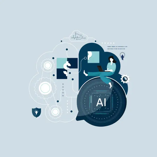 Vector illustration of Artificial Intelligence learning with digital brain and circuit