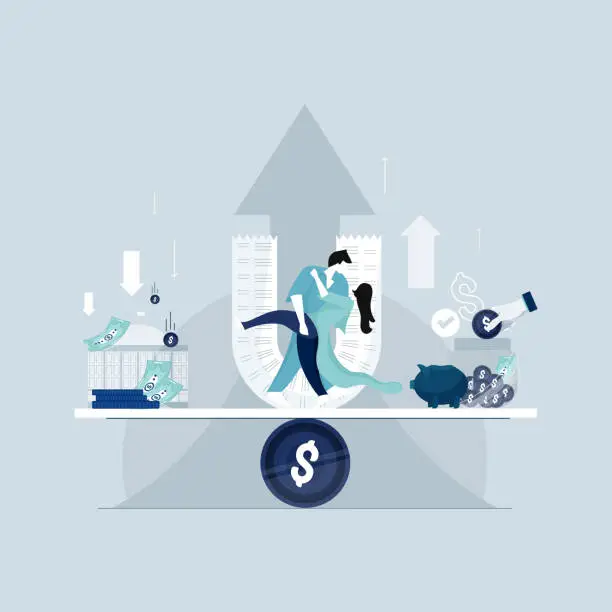 Vector illustration of Balancing between savings and Bank loan, Investments, expenses and financial management