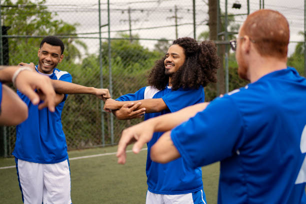 istock Soccer team warming up before the game 1396969018