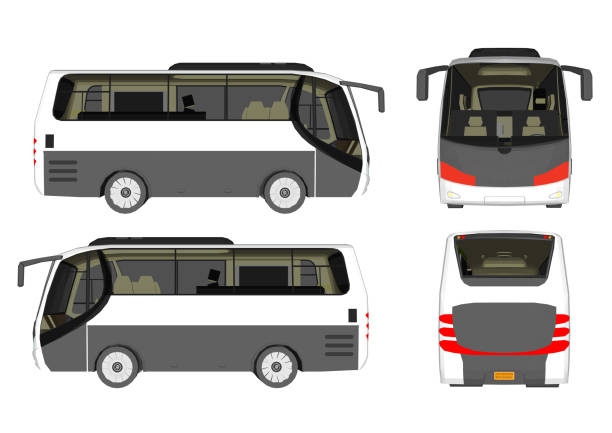 Flat style concept of public transport. Set of city bus with front and side view, bus stop and ticket machine. Isolated vector illustration. Set white, blue City bus template. Passenger transport. Vector illustration eps 10 isolated on white background. baka stock illustrations