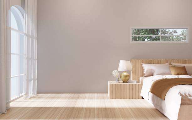 istock Empty wall in a house interior with white bedroom, minimalist style and arched windows. 3D rendering 1396970464