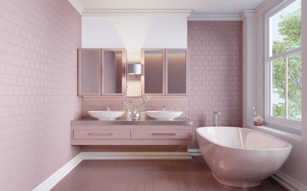 istock Modern style home interior bathroom is tiled with dark pink tiles. 1396970473