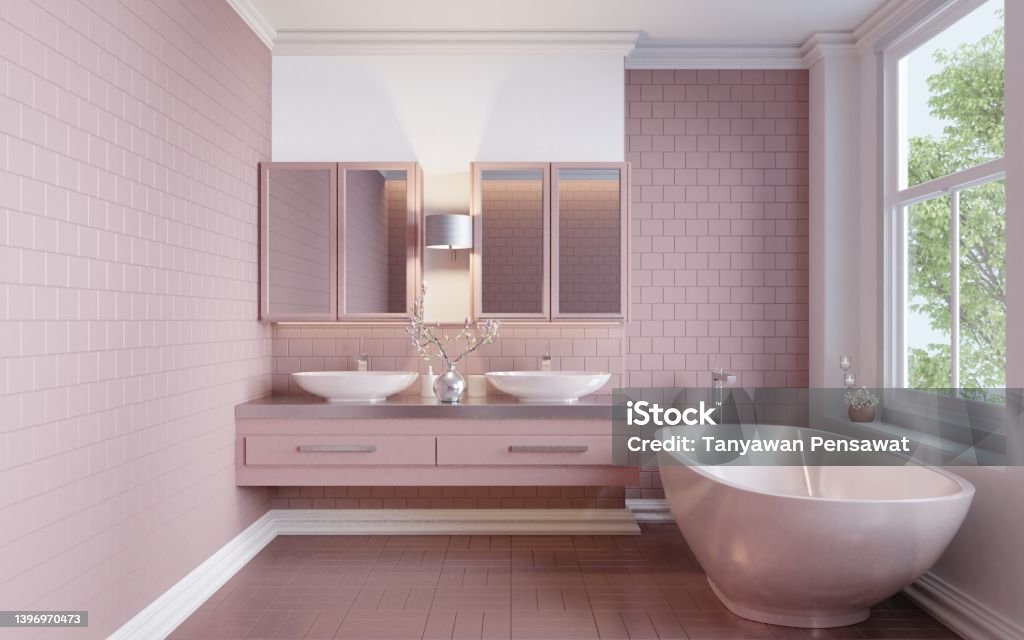 Modern style home interior bathroom is tiled with dark pink tiles. Modern style home interior bathroom is tiled with dark pink tiles. Square tiled floor with cabinet and mirror.3d rendering Bathroom Stock Photo