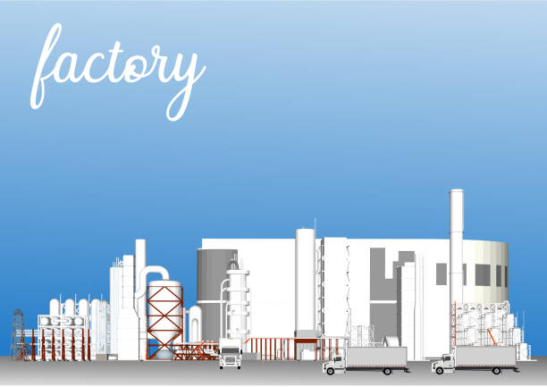 Industrial factory in flat style a vector an illustration.Plant or Factory Building.road tree window facade.Manufacturing factory building. industrial building concept.Eco style factory.City landscape Industrial complex, Factory buildings color icons set baka stock illustrations