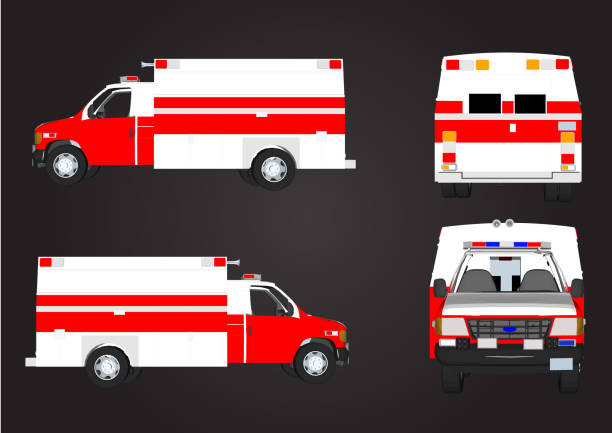 flat vector illustration set of fire engine truck and fireman Fire truck vector mock-up. Isolated template of red lorry on white. Vehicle branding mockup. Side, front, back, top view. All elements in the groups on separate layers. Easy to edit and recolor baka stock illustrations