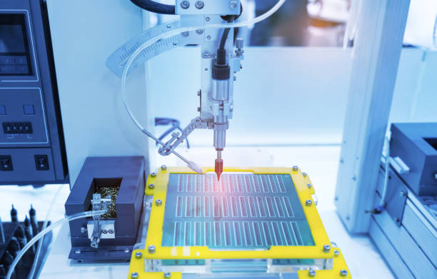 istock automatic robot for print circuit board (PCB)assembly machine during soldering or welding part 1396973301