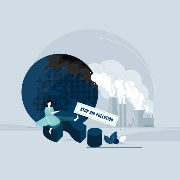 illustrazioni stock, clip art, cartoni animati e icone di tendenza di riduzione dell'anidride carbonica, fermare l'inquinamento atmosferico e i danni ambientali, salvare il concetto di pianeta terra - coal fired power station