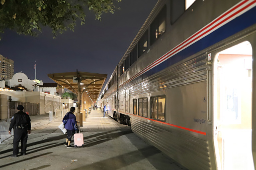 San Antonio, TX, USA - December 29, 2021: The Famous Amtrak Sunset Limited train at San Antonio Station.

The Sunset Limited is an Amtrak passenger train that for most of its history has run between New Orleans and Los Angeles, featuring a history more than 120 years (1894-  Now).