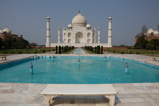 Yamuna river and view of the Taj-Mahal in the city of Agra, India