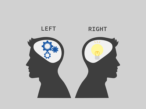 Male brain silhouette and characteristic illustrations of right and left brain