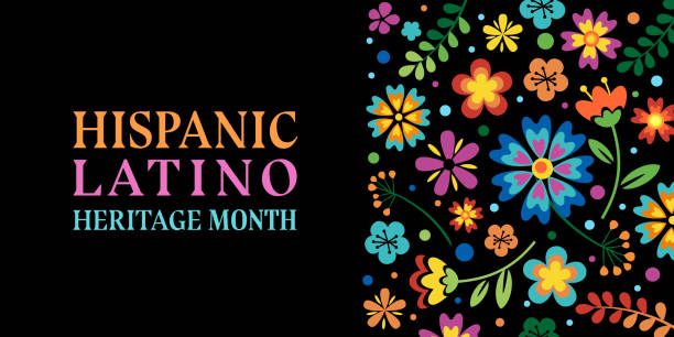 stockillustraties, clipart, cartoons en iconen met hispanic latino heritage month. vector web banner, poster, card for social media, networks. greeting with latino hispanic heritage month text, floral pattern, on black background - spaanse cultuur