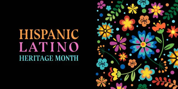 Vector illustration of Hispanic latino heritage month. Vector web banner, poster, card for social media, networks. Greeting with latino Hispanic heritage month text, floral pattern, on black background