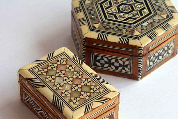 Marquetry boxes stock photo
